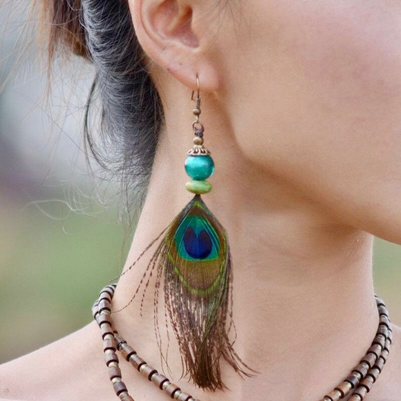“Showtime” Peacock Bird Feather Statement Earrings - Picture 1 of 12